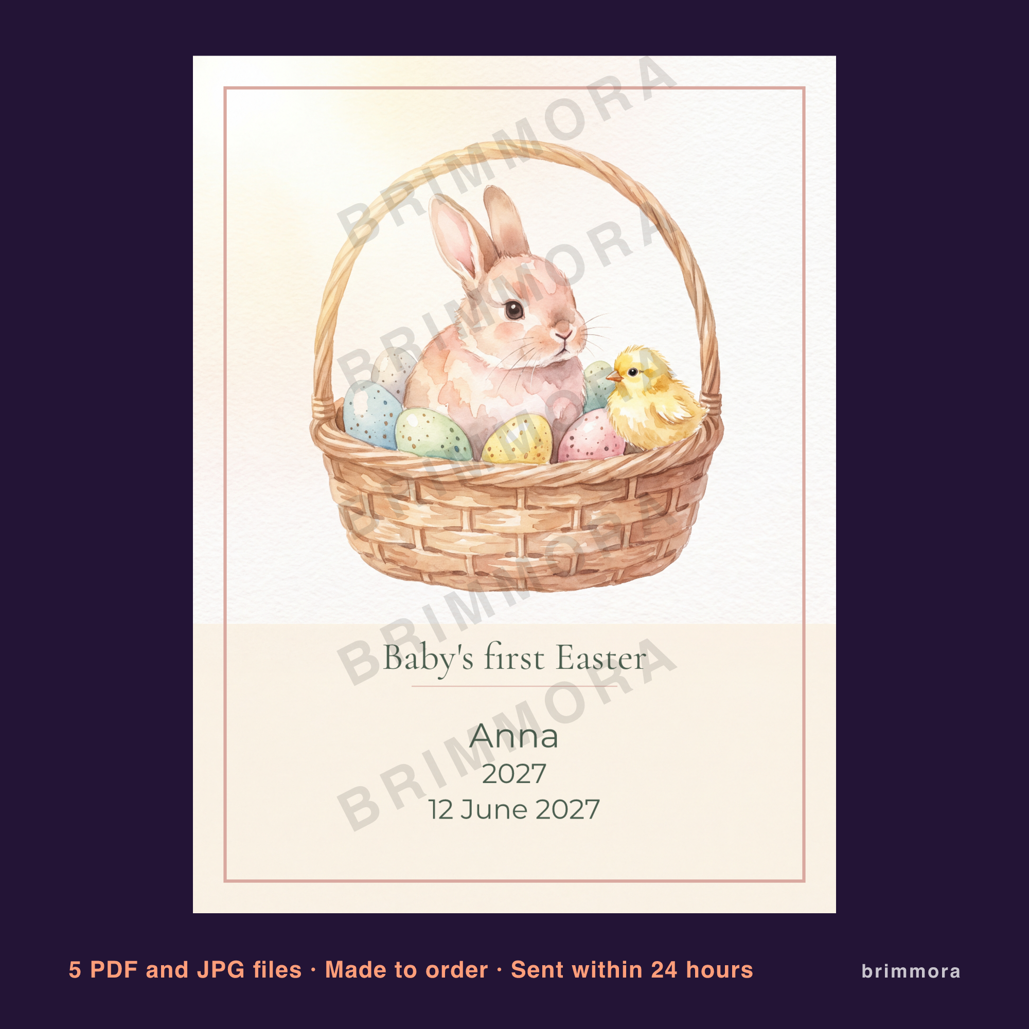 Baby&#39;s First Easter Print, Personalized Baby Easter Poster with Custom Name and Year, Printable Nursery Wall Art