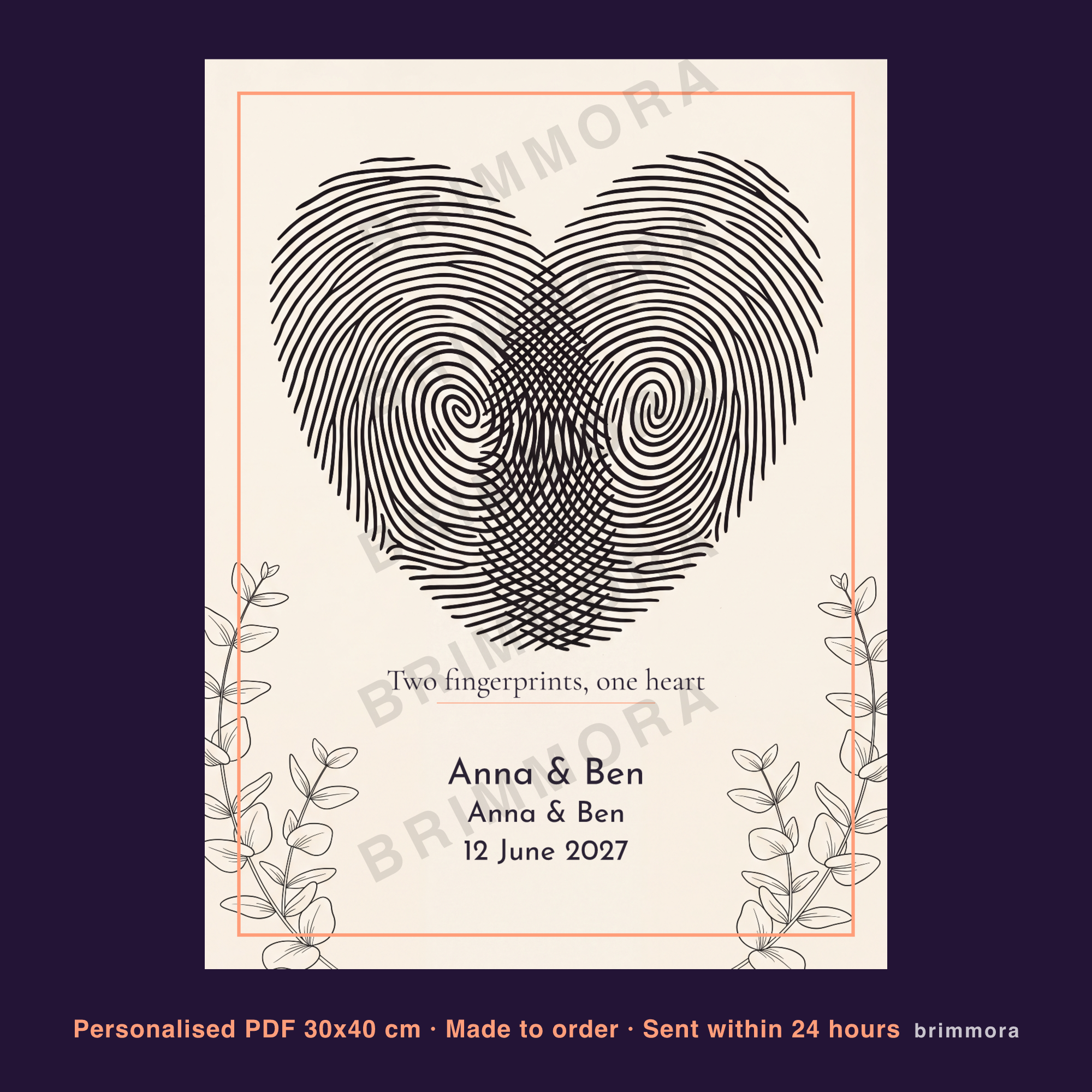 Fingerprint Heart Print for Couples Anniversary, Custom Thumbprint Heart Wall Art with Names and Date