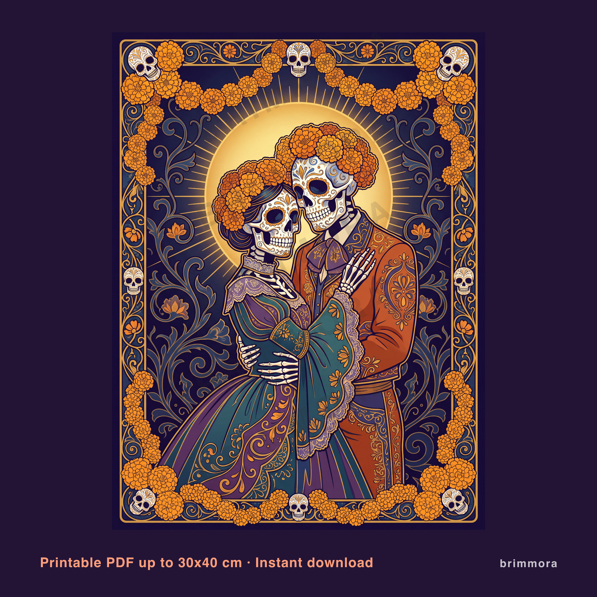 Dia De Los Muertos Printable Wall Art, Catrina Skeleton Couple Print, Day of the Dead Marigold Poster, Calavera Skull Art Nouveau Download