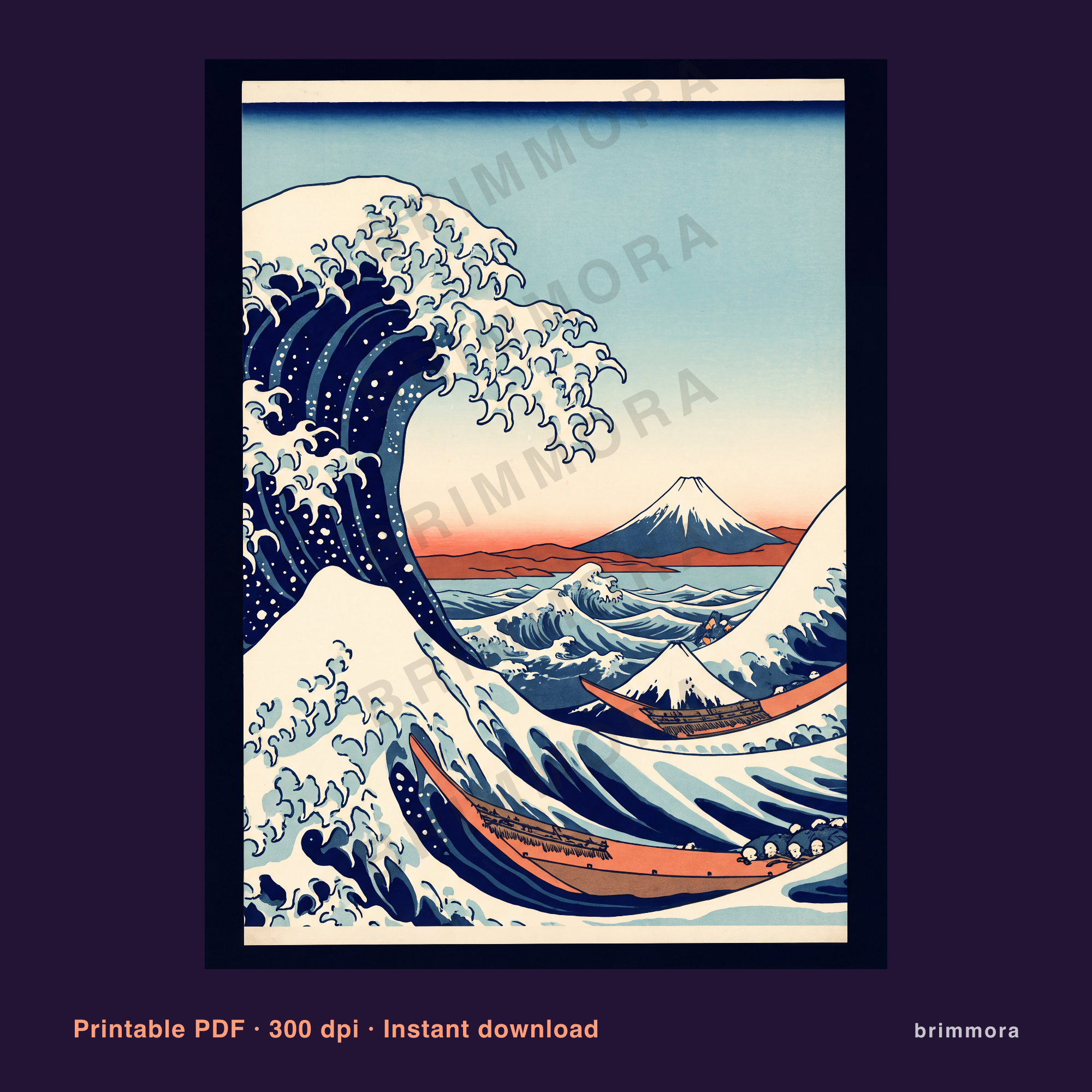 Japanische Welle Kunstdruck Digital | Ukiyo-e Woodblock Poster Download | Indigo Wandbild PDF bis 30x40 cm