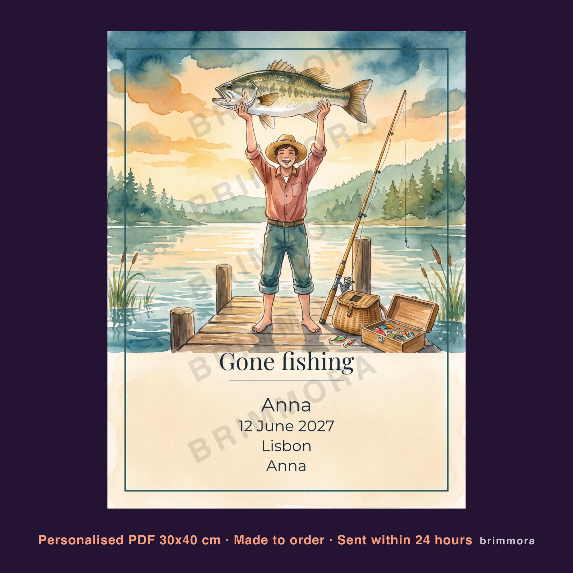 Personalized Fishing Print Custom Name, First Catch Poster, Fisherman Gift with Date, Printable PDF Wall Art 30x40 cm