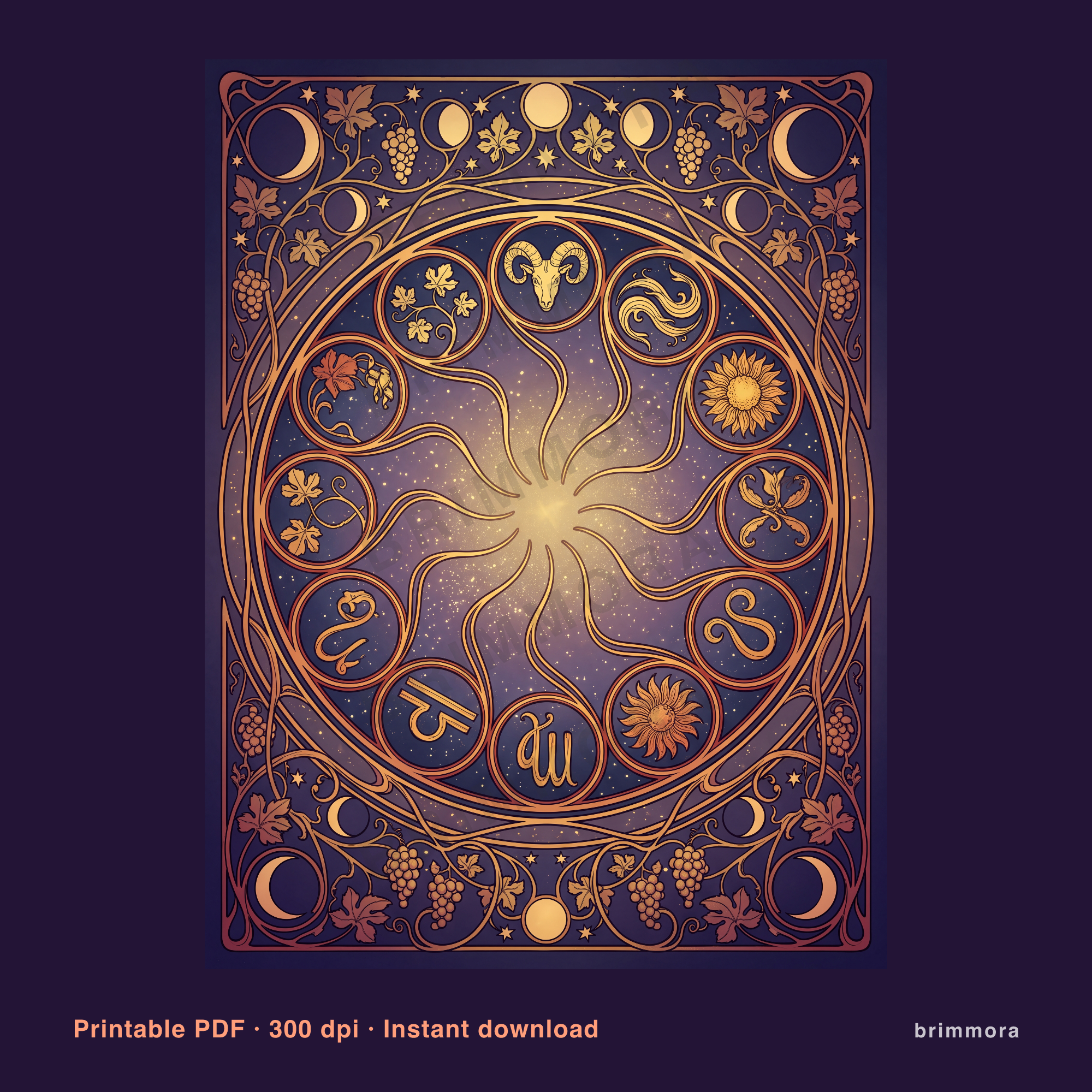 Horoskop Poster Digital Download | Zodiac Wandbild Jugendstil | Geburts-Sternzeichen Kunstdruck PDF druckfertig