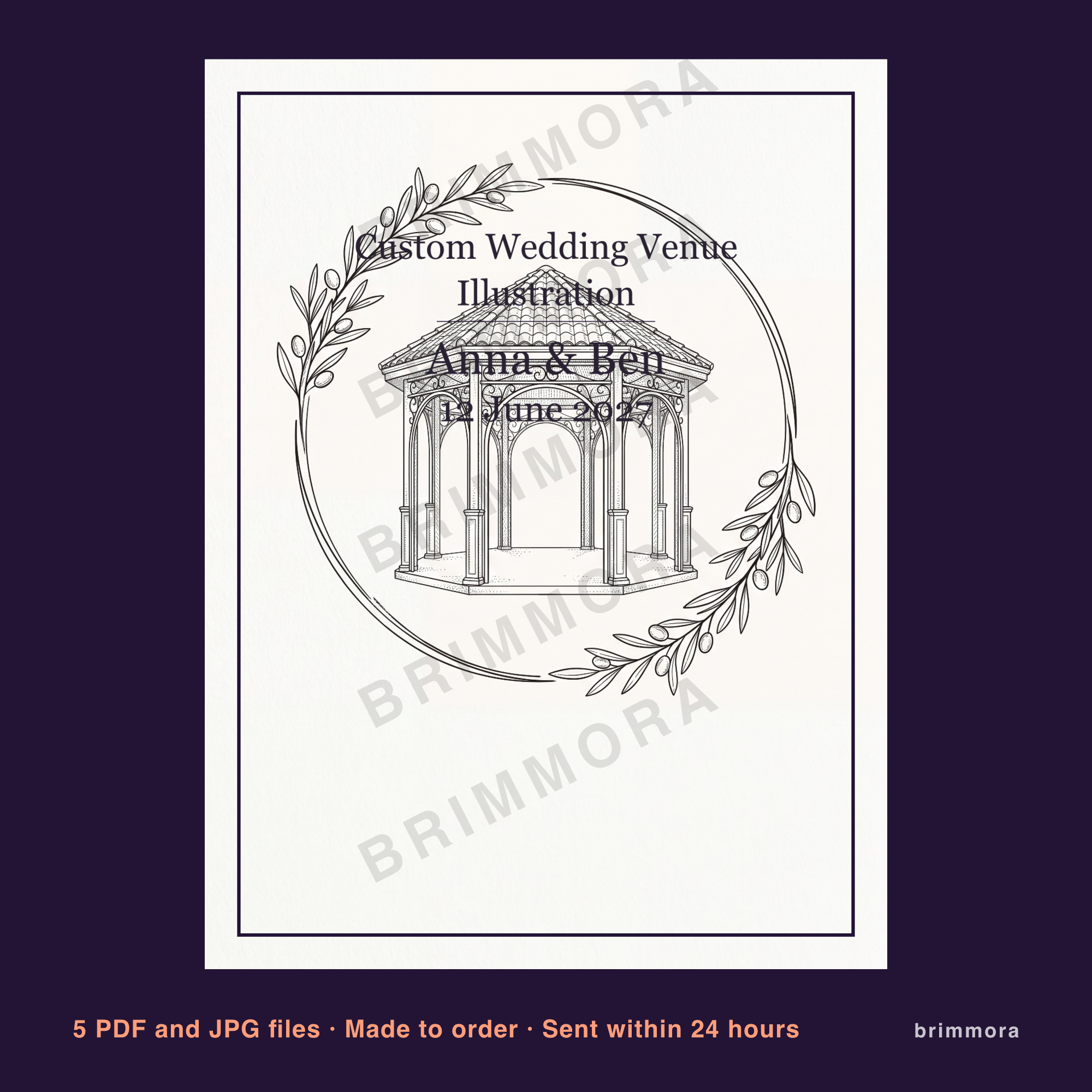 custom wedding venue illustration print, personalized venue sketch from photo, printable pdf 30x40 cm