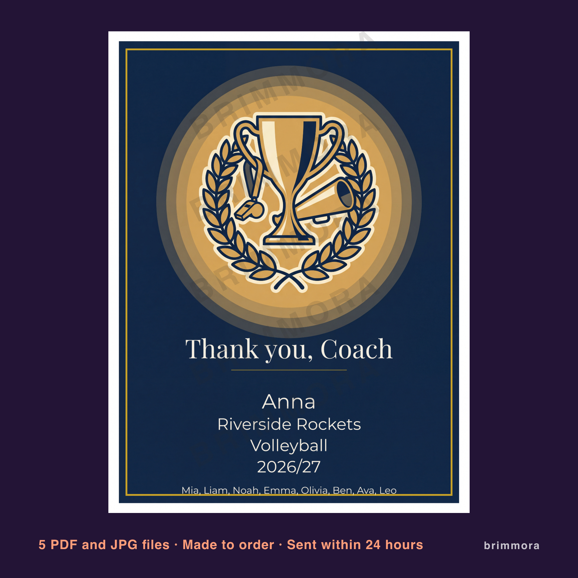 Personalized Thank You Coach Print, Custom Coach Appreciation Poster with Team and Player Names, End of Season Printable Gift PDF